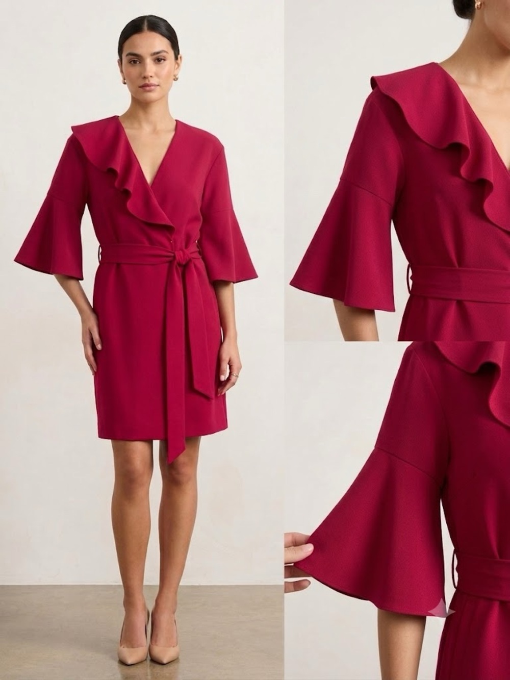 Gracia Women Ruffle Sleeve Wrap Trench midi Dress  magenta/vibrant fucsia Size L
